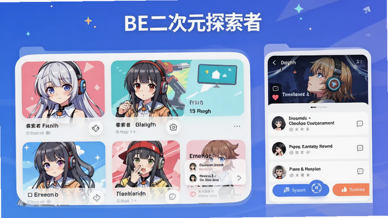 BE二次元探索者 app界面预览图,展示动漫角色列表与社区互动模块,风格为现代扁平化UI,色调明亮,包含“BE二次元探索者”文字标识,高清,无多余元素