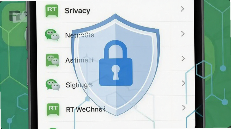Privacy shield icon overlaying RT WeChat settings menu, security focus, blue lock symbol, clean vector style