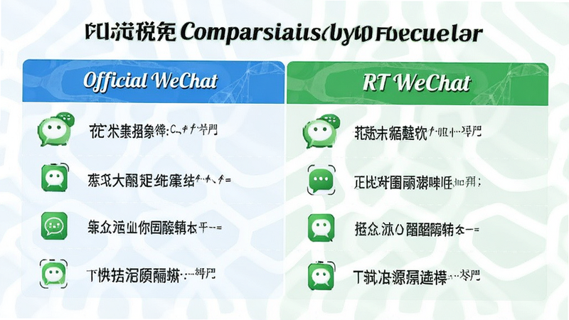 Comparison chart between Official WeChat and RT WeChat features, side-by-side table, clean infographic style