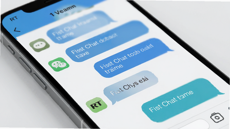 RT WeChat app interface, clean modern UI, chat bubbles visible, minimalist design, blue and white color scheme, high quality render, no text