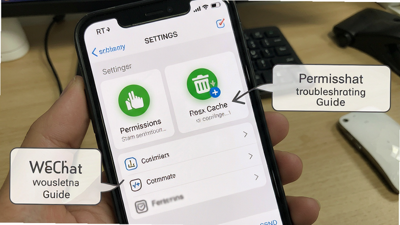 RT WeChat troubleshooting guide, smartphone with settings menu open, clear icons for permissions and cache, instructional style