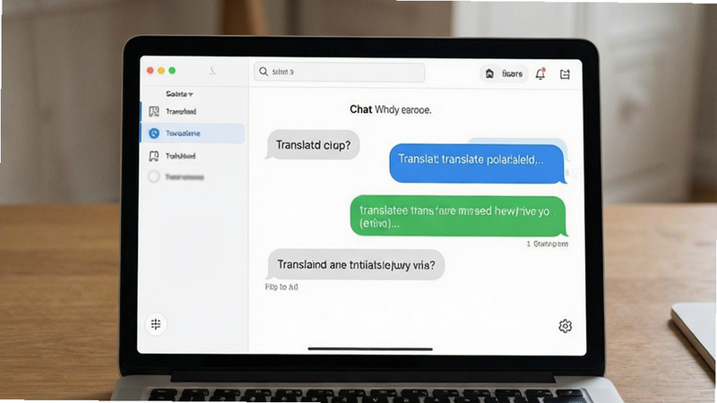 Translation tool interface integrated with chat window, text bubbles with translated content, minimal UI