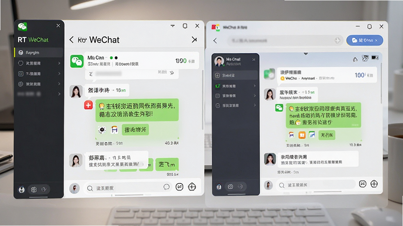 RT WeChat multi-account dashboard, showing two distinct chat windows side by side, clear separation of accounts, professional layout, soft lighting
