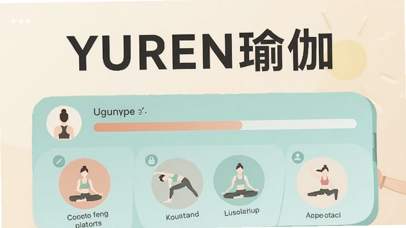 YUREN瑜伽APP个性化训练界面,显示用户进度条与推荐动作图标,背景柔和,文字