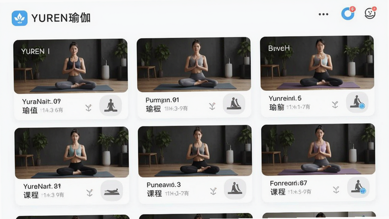 YUREN瑜伽APP内课程列表界面,展示不同级别的瑜伽课程卡片,文字清晰,布局整洁,包含