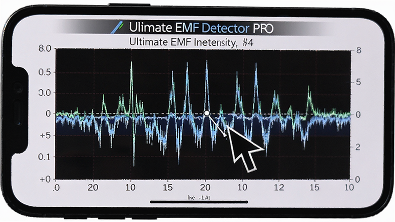 Smartphone displaying a live graph of electromagnetic field intensity, with a cursor moving across the chart, showing peaks and valleys, clean scientific visualization, Ultimate EMF Detector PRO branding