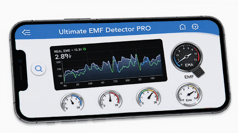 Ultimate EMF Detector PRO app interface on a smartphone screen, showing real-time EMF readings with graphs and gauges, modern UI design, blue and white color scheme, clean layout, high resolution, realistic style