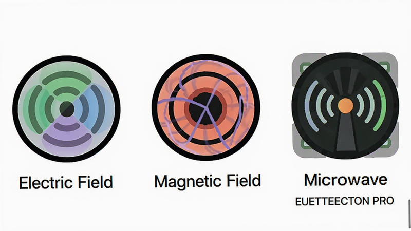 Three distinct icons representing Electric Field, Magnetic Field, and Microwave detection modes in the Ultimate EMF Detector PRO app, arranged horizontally, simple vector style, white background