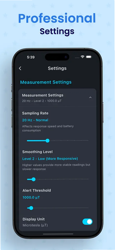 Ultimate EMF Detector PRO settings menu screenshot sensitivity adjustment