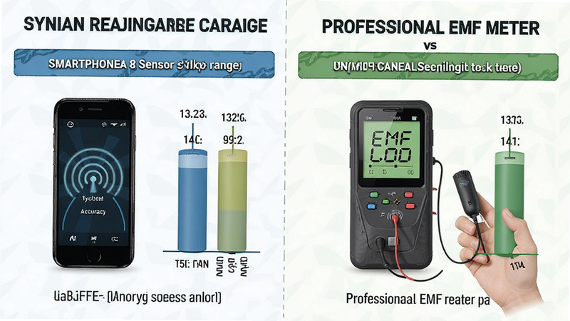 Comparison chart between smartphone sensor readings and professional EMF meter, illustrating typical accuracy ranges, clean infographic style