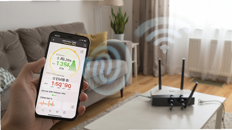 User holding a smartphone with Ultimate EMF Detector PRO app open, scanning a Wi-Fi router in a living room, realistic photo style, clear focus on the screen displaying EMF levels