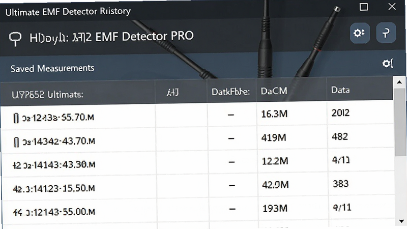 Ultimate EMF Detector PRO history log screen, showing a list of saved measurements with dates and values, clean data table layout, professional software interface