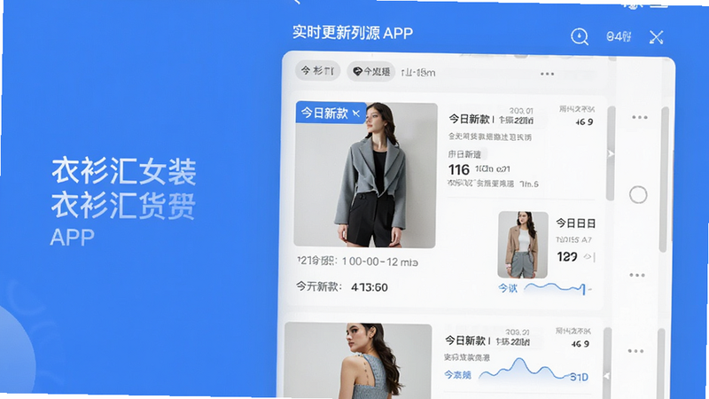 衣衫汇女装货源APP内实时更新列表界面,显示“今日新款”标签,时间戳清晰,列表滚动效果,现代简约风格,蓝色主题