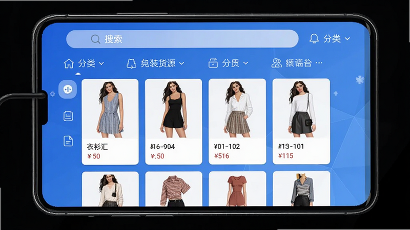 衣衫汇女装货源APP界面预览,展示丰富的女装款式列表,简洁现代UI设计,蓝色调为主,包含搜索栏和分类导航,高清矢量风格,干净无多余元素