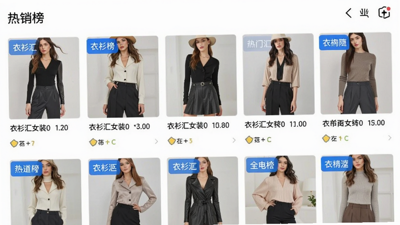 衣衫汇女装货源APP内“热销榜”界面,展示热门女装缩略图,蓝色高亮标签,清晰布局,无多余元素