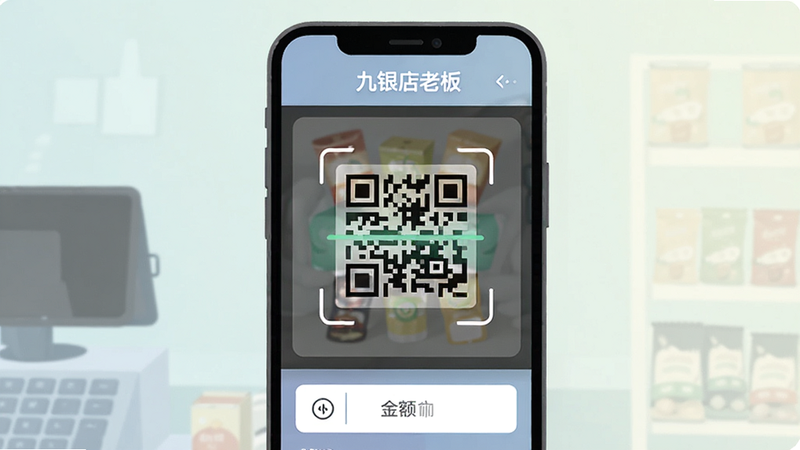 手机界面展示收银操作,显示二维码扫描区域和金额输入框,