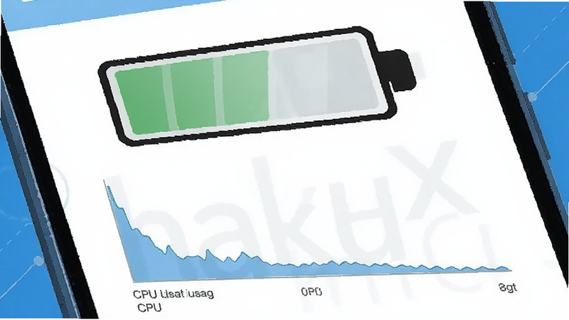 A conceptual illustration of a smartphone screen showing a battery icon and a CPU usage graph. The graph shows low usage. Text