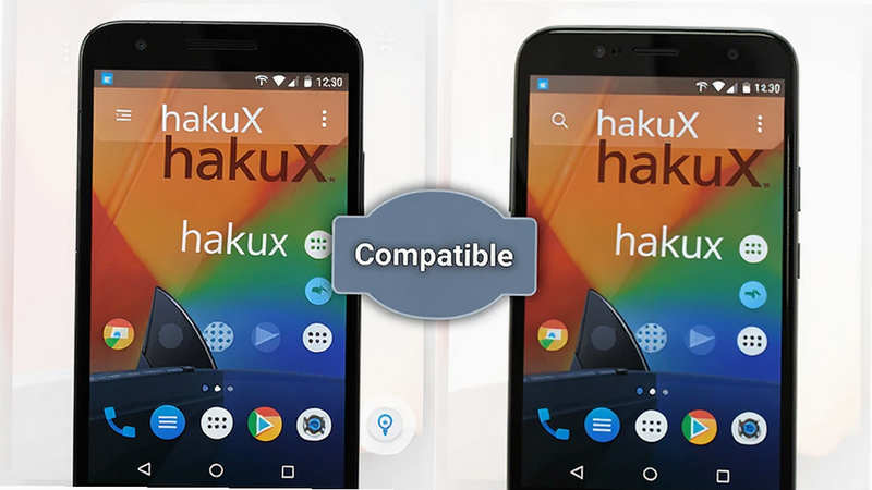 A split-screen image comparing two different Android phones running the same hakuX interface. Both screens show identical layouts. Text
