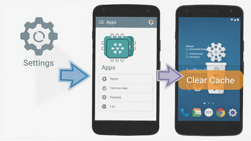 A step-by-step guide illustration for clearing cache on an Android phone. Arrow pointing to
