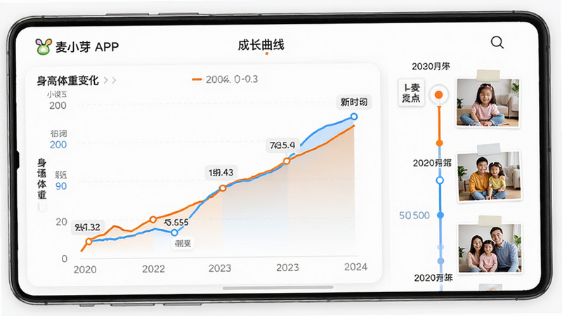 展示“麦小芽”APP中“成长曲线”功能的界面,左侧是折线图显示身高体重变化,右侧是时间轴展示的照片相册。背景为纯白色,图表线条为明亮的橙色和蓝色,清晰易读。风格为现代UI设计,细节包含数据标签和日期标记,画质清晰,布局整齐,无多余装饰。