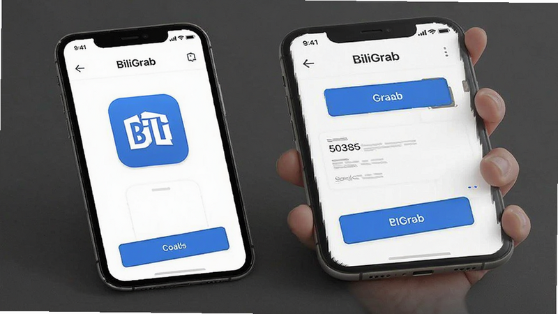 BiliGrab app interface screenshot, clean white background, blue accent buttons, modern minimalist UI design, vector style, high quality