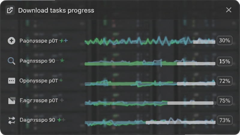 List of download tasks in progress, percentage bars visible, simple UI elements