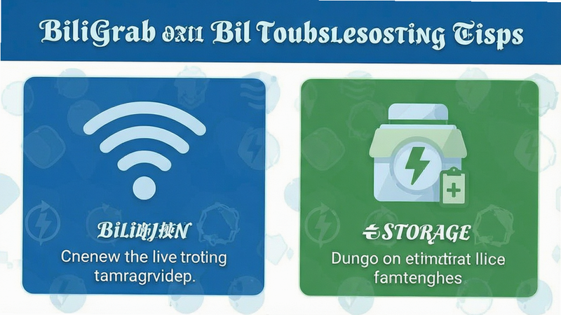 BiliGrab troubleshooting tips infographic, icons for wifi and storage, clean layout