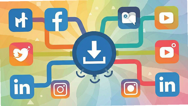 Multiple social media icons connected to a central download hub, flat design, vibrant colors