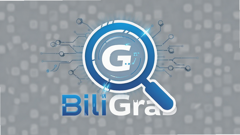 BiliGrab logo with magnifying glass icon, tech style, blue and white color scheme, clean background