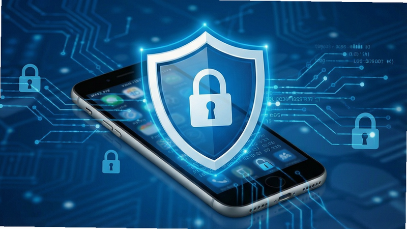 Shield icon protecting a smartphone, digital security concept, blue and white tones