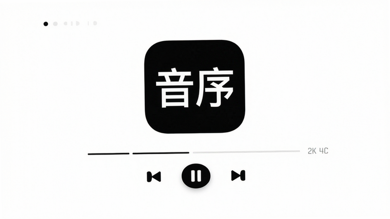 主体为“音序”App的极简播放界面,布局居中对称,排版留白充足,风格简约清新,细节包括黑色背景上的白色文字与图标对比鲜明,画质4K分辨率干净无多余元素