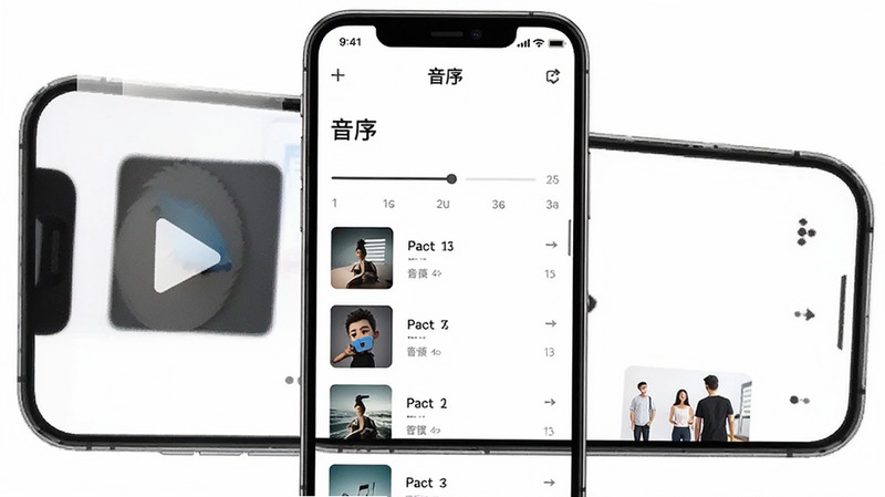 主体为“音序”App界面截图,布局为手机屏幕垂直展示,排版简洁现代,风格扁平化设计,细节包括播放按钮、进度条和歌曲列表清晰可见,画质高清干净无多余元素