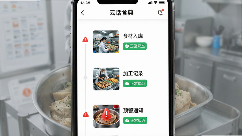 一张手机应用截图,展示“云话食典”中的食品安全监控页面,主体为时间轴形式的操作记录,布局垂直排列,每个节点包含缩略图和状态标签,排版清晰,风格为简约科技风,细节显示红色预警图标和绿色正常状态图标,画质细腻,干净,无多余元素,文字内容包含“食材入库”、“加工记录”、“预警通知”