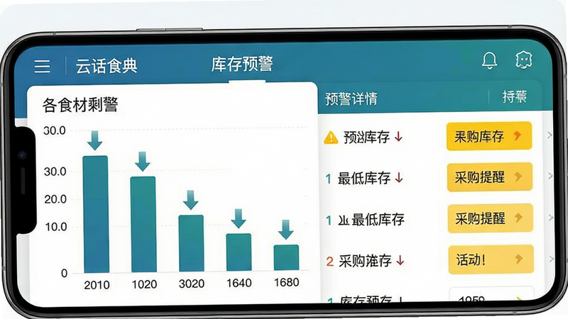 一张手机应用界面图,展示“云话食典”库存管理模块,主体为柱状图和列表混合布局,柱状图显示各食材剩余量,列表显示预警详情,排版紧凑合理,风格为商务蓝绿色调,细节包含下降箭头图标和黄色警示框,画质清晰,干净,无多余元素,文字内容包含“库存预警”、“最低库存”、“采购提醒”