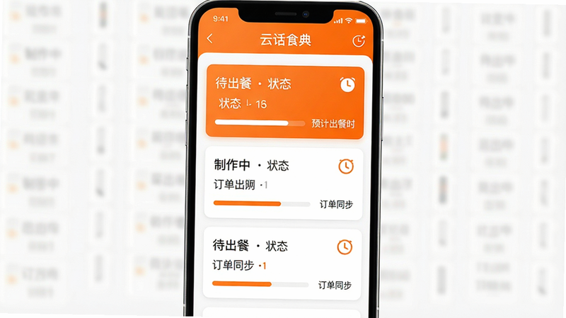 一张手机应用界面图,展示“云话食典”后厨协同页面,主体为订单卡片列表,每张卡片显示菜品名称、状态和预计出餐时间,布局网格状,风格为活力橙色与白色搭配,细节包含进度条和时钟图标,画质明亮,干净,无多余元素,文字内容包含“制作中”、“待出餐”、“订单同步”
