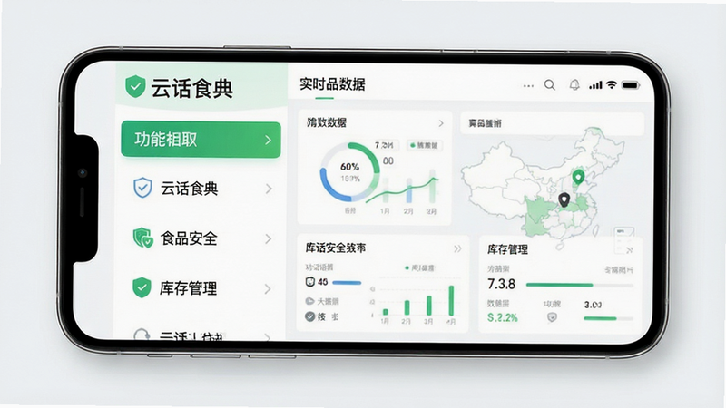 一张高清手机界面展示图,主体为“云话食典”APP主界面,布局采用左右分栏,左侧为功能菜单列表,右侧为实时数据仪表盘,排版整洁有序,风格为现代扁平化UI设计,细节包含清晰的图标和绿色安全标识,画质高清,干净,无多余元素,文字内容包含“云话食典”、“食品安全”、“库存管理”