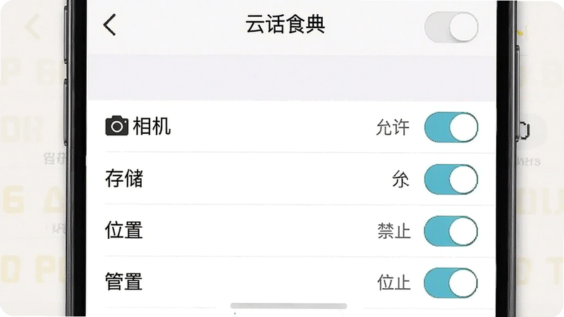 一张手机设置界面示意图,展示“云话食典”在系统设置中的权限管理页面,主体为权限列表,布局垂直排列,包含相机、存储、位置等选项,排版简洁,风格为系统原生UI风格,细节显示开关状态,画质清晰,干净,无多余元素,文字内容包含“允许”、“禁止”、“云话食典”