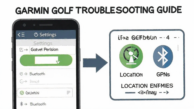 Garmin Golf troubleshooting guide illustration, smartphone settings screen with location permission enabled, clear icons for GPS and Bluetooth, instructional graphic style