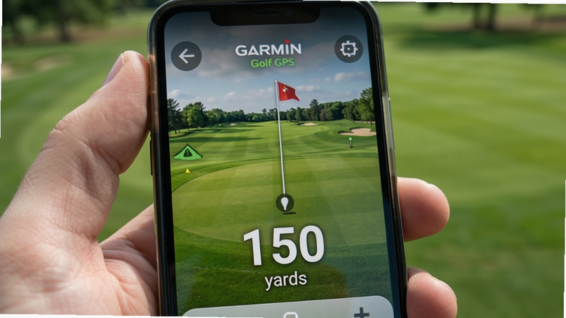 Smartphone screen displaying Garmin Golf GPS distance to flag, green fairway background, clear numerical data