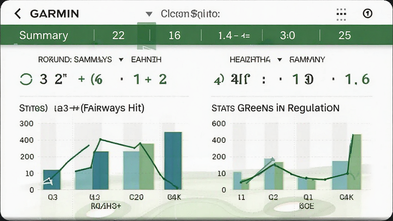 Garmin Golf scorecard interface showing round summary, detailed stats like fairways hit and greens in regulation, clean typography, data visualization charts, professional layout