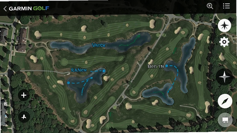 Map view of a golf course in Garmin Golf app, detailed terrain features, bunkers and water hazards marked clearly, satellite imagery style, high detail