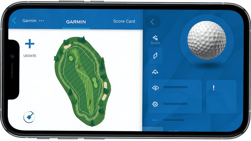 Garmin Golf app interface on smartphone showing golf course map and scorecard, clean modern UI design, blue and white color scheme, realistic 3D golf ball icon in corner, high resolution, flat vector style, minimal text elements, professional sports app aesthetic