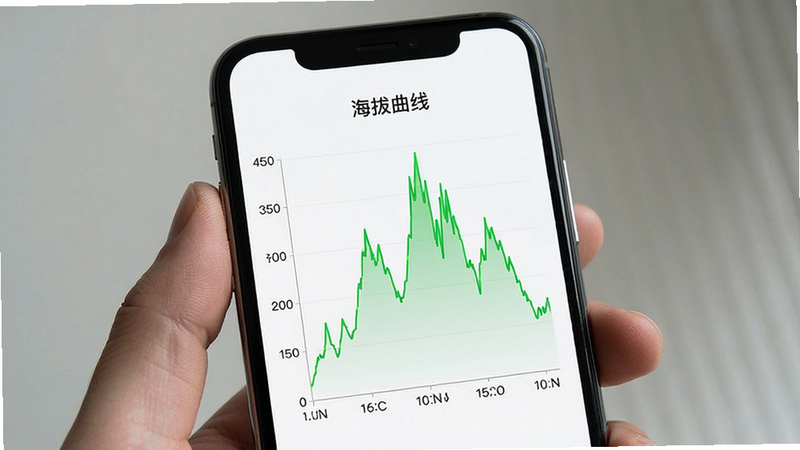 手机屏幕显示一条绿色的海拔曲线图,横轴为时间,纵轴为海拔,曲线起伏明显,背景为白色,风格极简,高清,文字“海拔曲线”