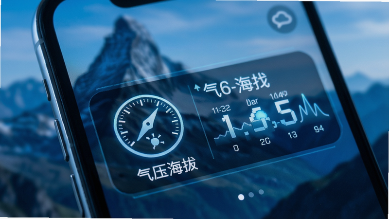 手机屏幕特写,显示气压传感器图标和实时变化的海拔数字,背景是模糊的山峰,风格科技感,蓝色调,高清,细节丰富,文字“气压海拔”
