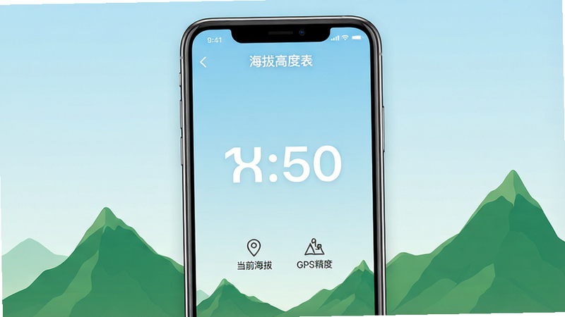 主体为一部竖屏放置的现代智能手机,屏幕中央显示着“海拔高度表”应用界面,界面背景为淡蓝色渐变,中央有一个巨大的白色数字显示当前海拔,下方有“当前海拔”和“GPS精度”两个小图标,周围环绕着绿色的山脉剪影,整体风格清新简洁,高清,无多余元素,文字“海拔高度表”清晰可见