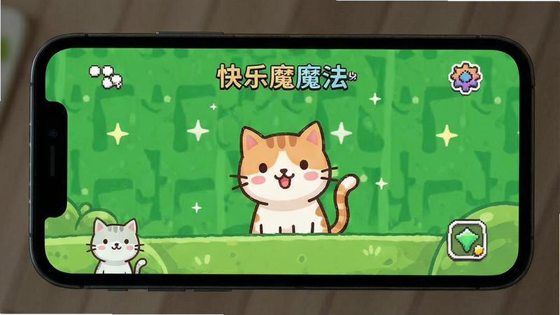 快乐魔法 CatMix 手机屏幕显示游戏运行界面,简洁UI,绿色背景,清晰文字