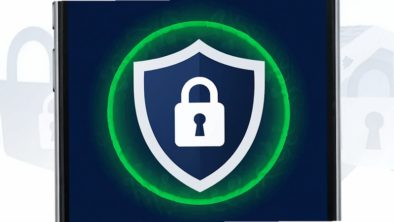 一个盾牌形状的图标位于手机屏幕中央,盾牌内有一个锁形标志,周围环绕着绿色的安全光晕,背景为深蓝色,象征安全与保护,图形简洁有力