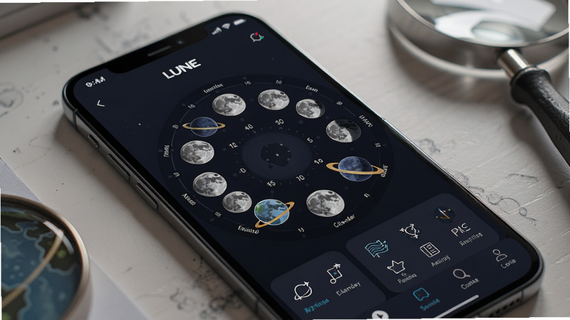 detailed illustration of a smartphone screen showing the Lune app interface with a high-resolution moon phase calendar, minimalist dark theme UI, clean typography, educational astronomy icons, 4k resolution, realistic style