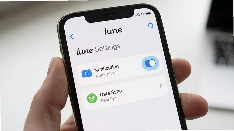 a smartphone displaying the Lune app settings menu with options for notification and data sync, clean interface, user-friendly icons