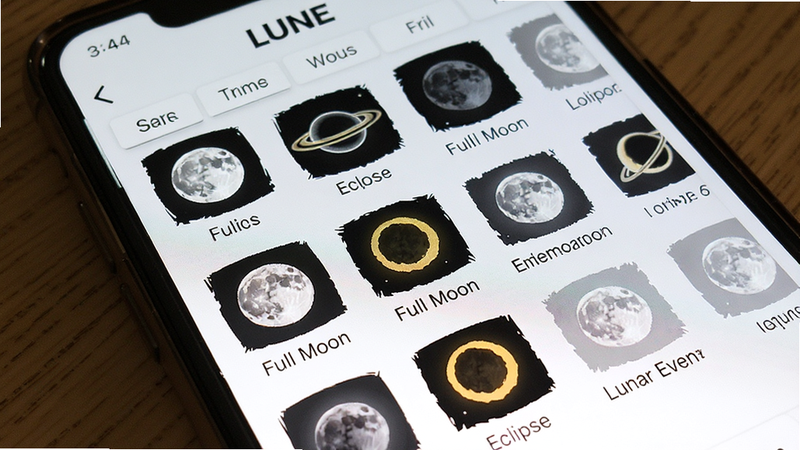 a calendar view inside the Lune app showing upcoming lunar events, icons for full moon and eclipse, organized layout, white background with black text